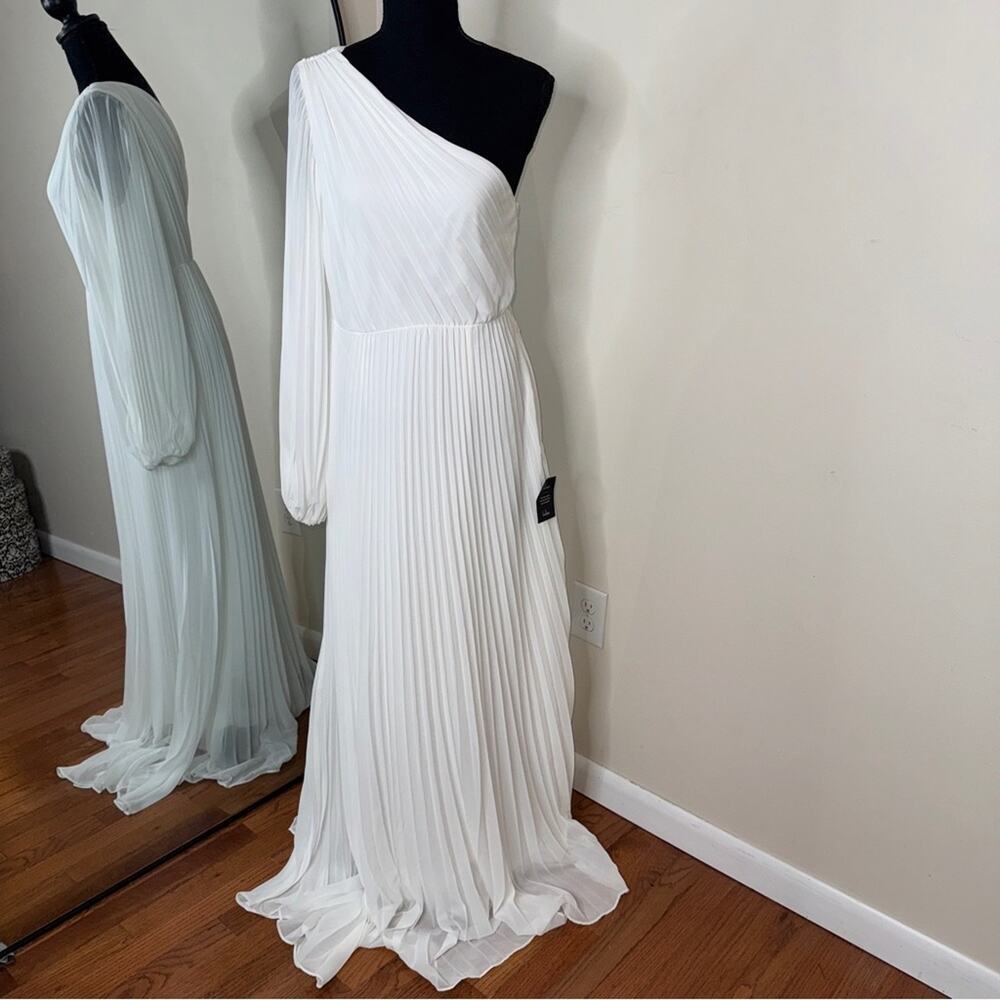 Lulu’s Pleated One Shoulder Long Sleeve Midi Dress White Size L NEW